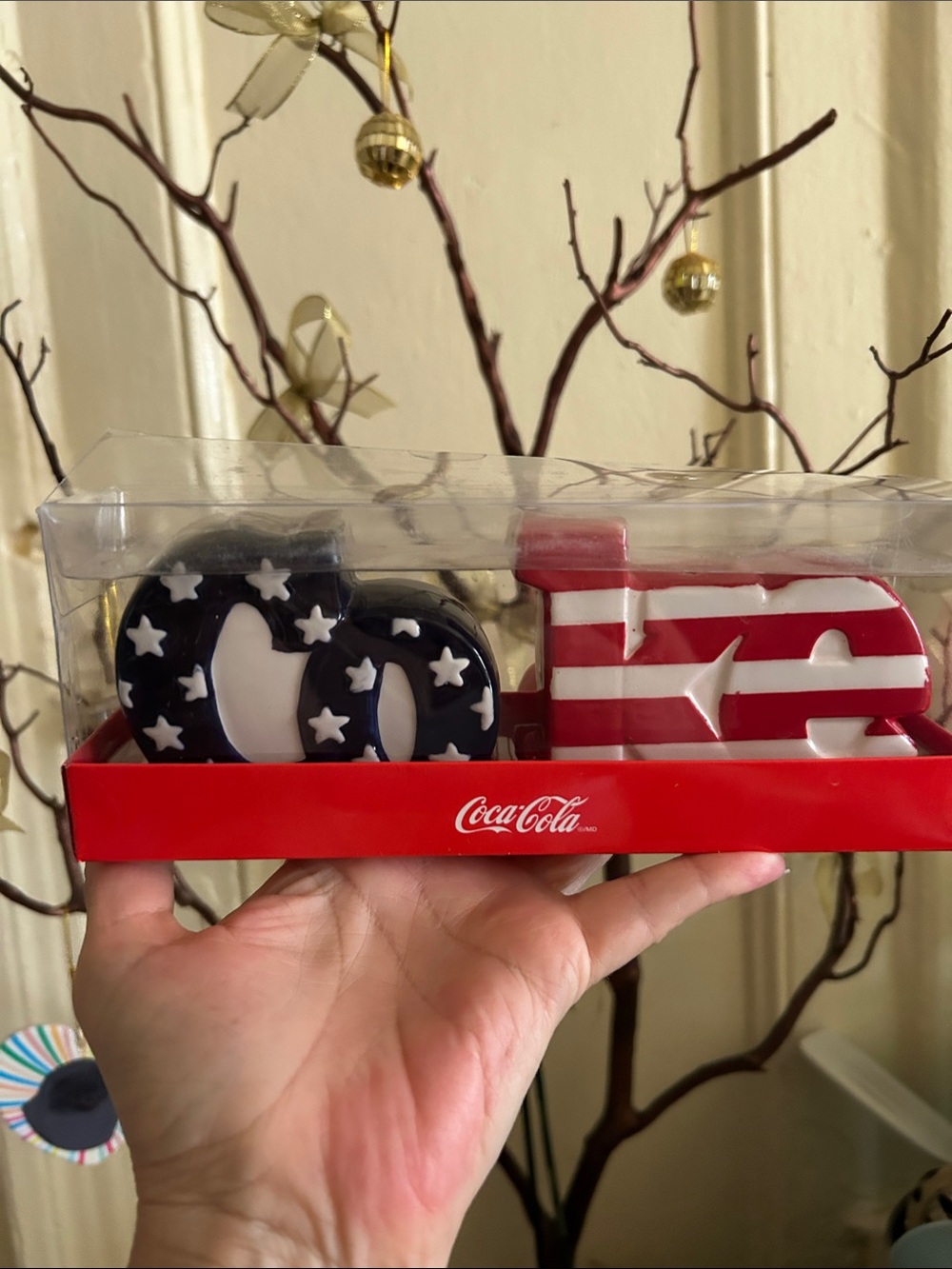 Coca Cola Red, White & Blue Star Stripe Ceramic Salt & Pepper
